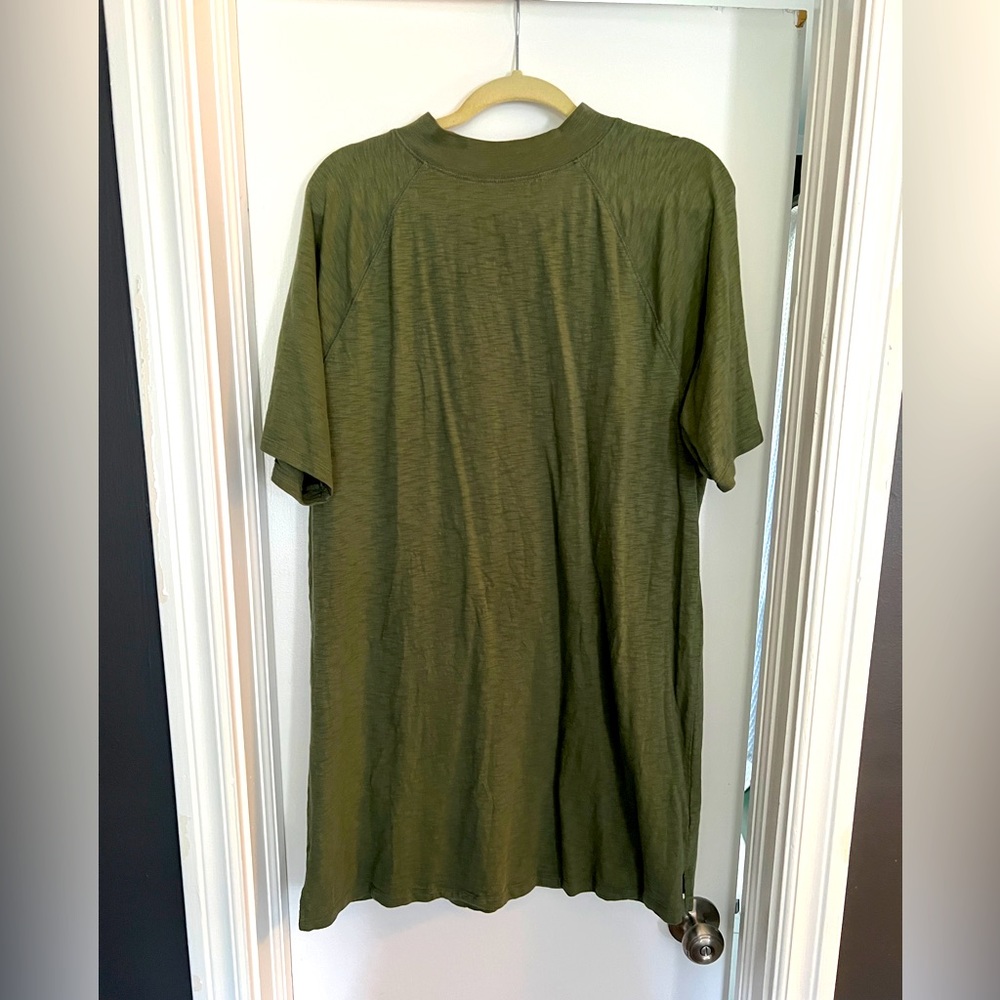 Olive green t-shirt dress with mock neck